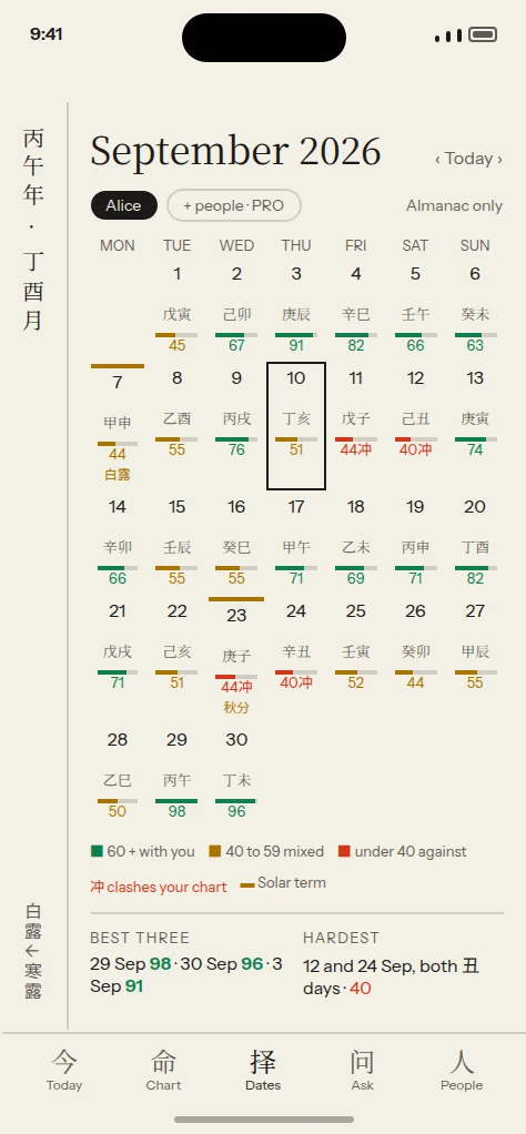 The almanac month view in the Auspica app: September 2026 with a day pillar and a personal score under every date, clash days and solar terms marked, and the month’s best and hardest days.