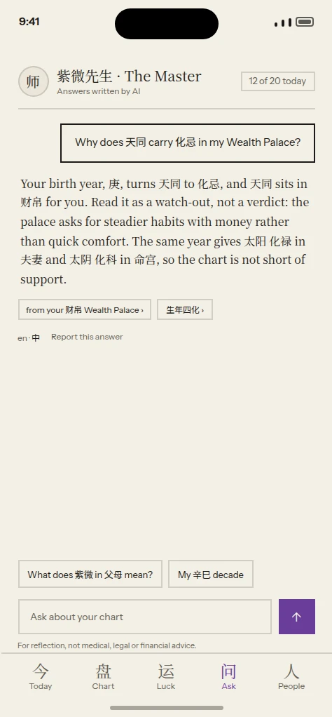 Ask the Master in Auspica Zi Wei, with answers written by AI: a question about why 天同 carries 化忌 in the Wealth Palace, and an answer that points back to the 财帛 palace and the birth-year 四化.