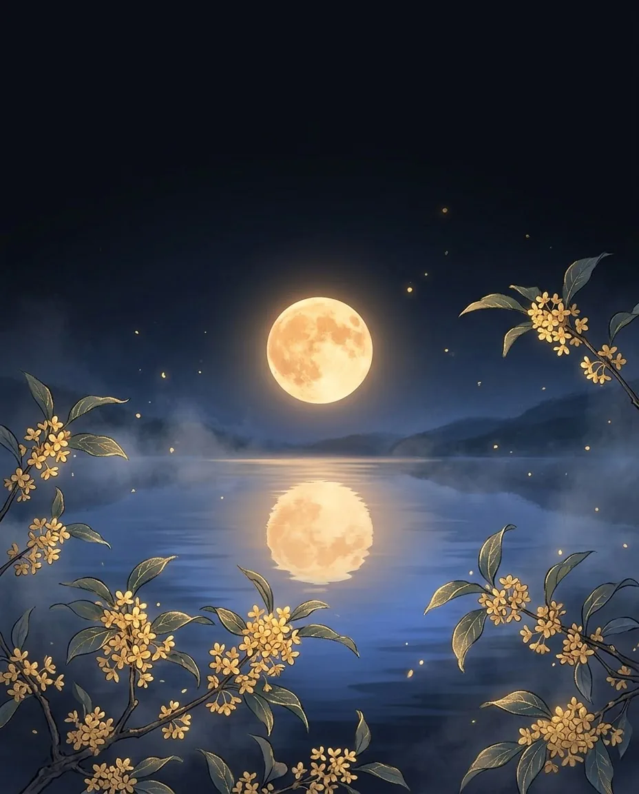 太阴 Moon: a full moon over a still lake