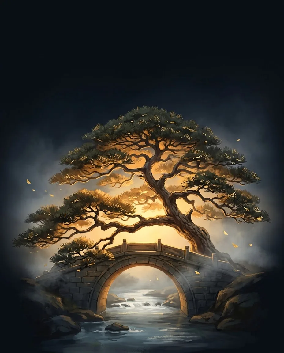 天梁 Elder: an ancient pine over a stone bridge