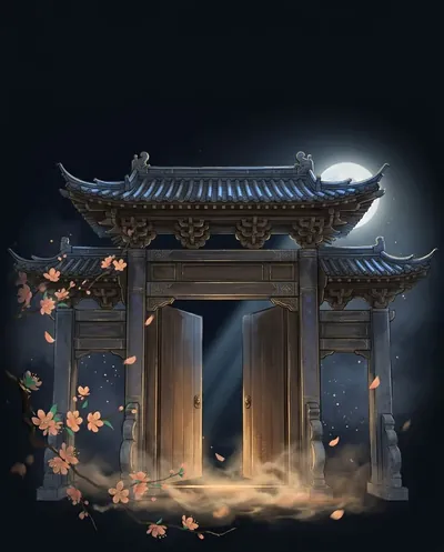 巨门 Great Gate: a stone gate half open at night