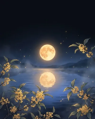 太阴 Moon: a full moon over a still lake