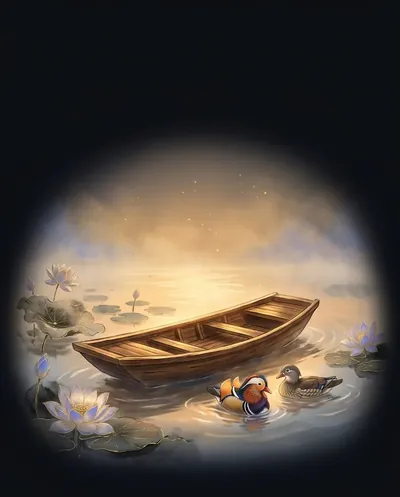 天同 Harmony: a boat on a lotus lake at dusk